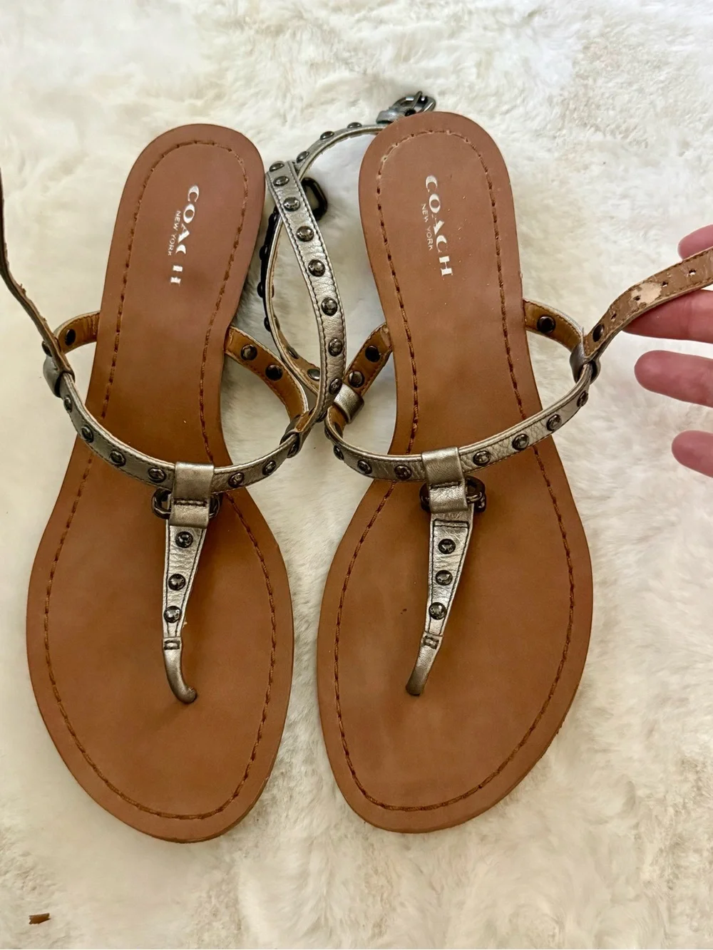 Coach Metallic Silver Studded T-Strap Sandals